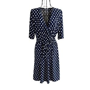 Vintage Star Vixen V-Neck Faux Wrap Tie Waist Polka Dot Dress Navy Blue Medium